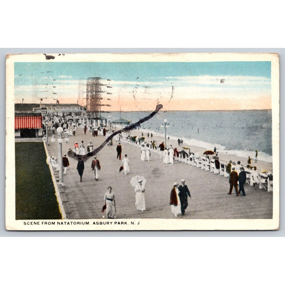 Vtg 1919 Asbury Park NJ Postcard Scene from Natatorium Boardwalk Beach Posted
